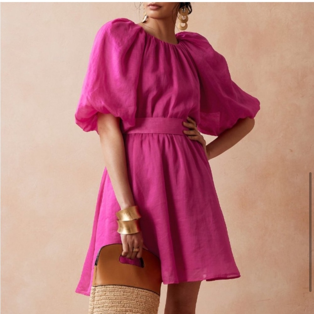 Banana Republic Pink Puff Sleeve Open Back Mini Dress Ramie Size M NWT - Picture 11 of 15